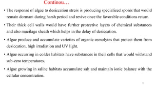 Continou…
• The response of algae to desiccation stress is producing specialized spores that would
remain dormant during harsh period and revive once the favorable conditions return.
• Their thick cell walls would have further protective layers of chemical substances
and also mucilage sheath which helps in the delay of desiccation.
• Algae produce and accumulate varieties of organic osmolytes that protect them from
desiccation, high irradiation and UV light.
• Algae occurring in colder habitats have substances in their cells that would withstand
sub-zero temperatures.
• Algae growing in saline habitats accumulate salt and maintain ionic balance with the
cellular concentration.
71
 