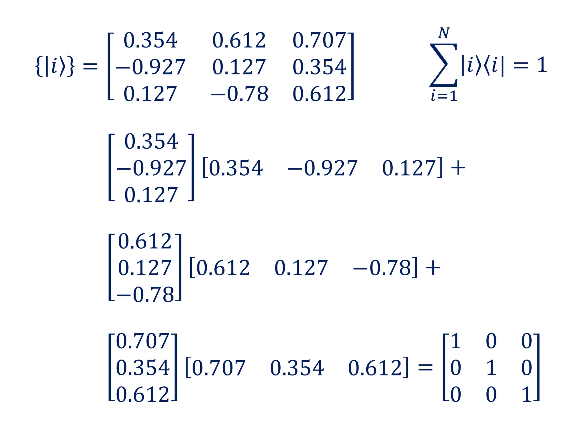 0.354
−0.927
0.127
0.354 −0.927 0.127 +
0.612
0.127
−0.78
0.612 0.127 −0.78 +
0.707
0.354
0.612
0.707 0.354 0.612 =
1 0 0
0 1 0
0 0 1
|𝑖 =
0.354 0.612 0.707
−0.927 0.127 0.354
0.127 −0.78 0.612 𝑖=1
𝑁
|𝑖 𝑖| = 1
 