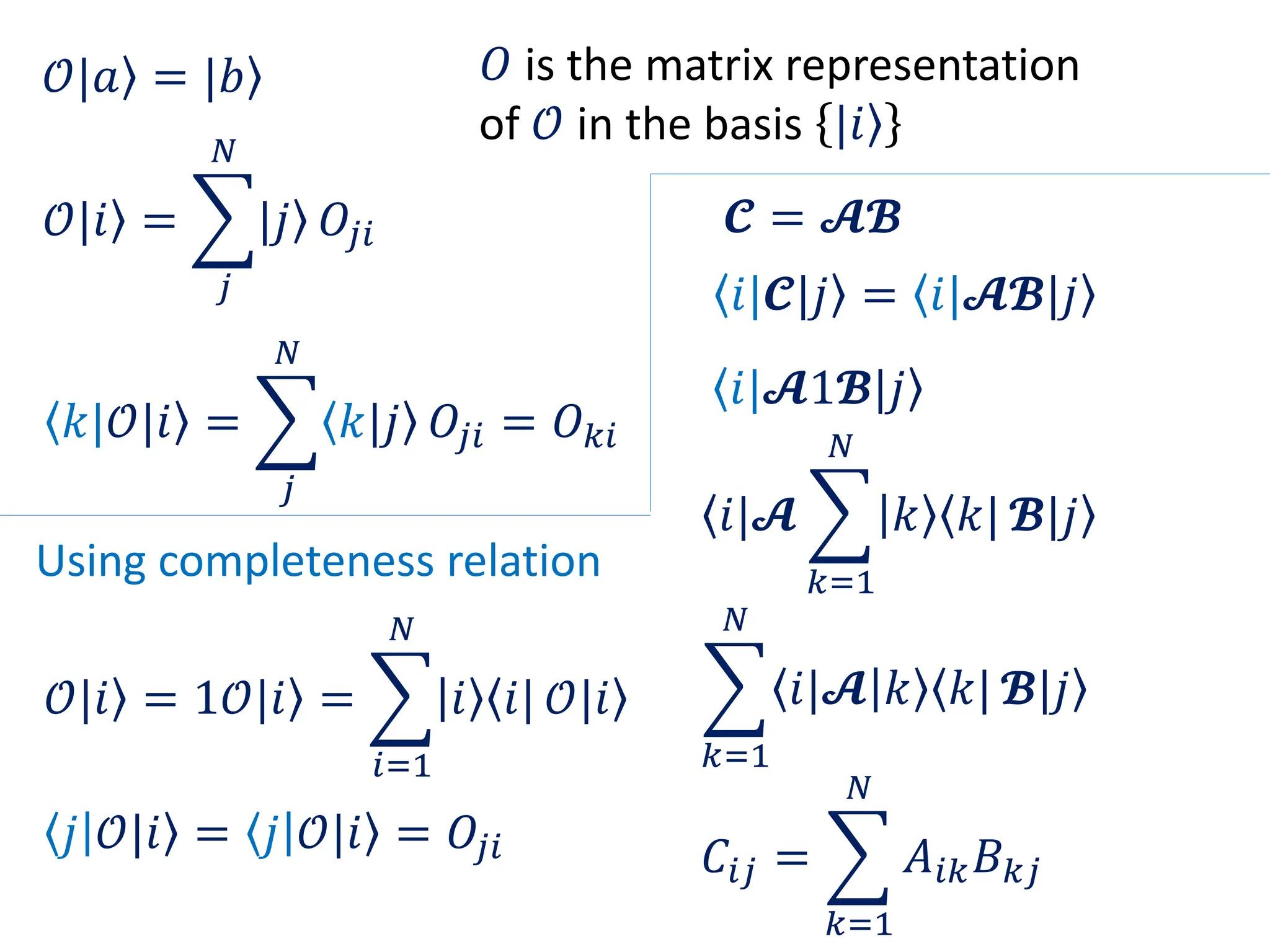 𝒪|𝑎 = |𝑏
𝒪|𝑖 =
𝑗
𝑁
|𝑗 𝑂𝑗𝑖
𝑂 is the matrix representation
of 𝒪 in the basis |𝑖
𝑘|𝒪|𝑖 =
𝑗
𝑁
𝑘|𝑗 𝑂𝑗𝑖 = 𝑂𝑘𝑖
Using completeness relation
𝒪|𝑖 = 1𝒪|𝑖 =
𝑖=1
𝑁
|𝑖 𝑖| 𝒪|𝑖
𝑗 𝒪|𝑖 = 𝑗 𝒪|𝑖 = 𝑂𝑗𝑖
𝓒 = 𝓐𝓑
𝑖|𝓒|𝑗 = 𝑖|𝓐𝓑|𝑗
𝑖|𝓐1𝓑|𝑗
𝑖|𝓐
𝑘=1
𝑁
|𝑘 𝑘| 𝓑|𝑗
𝑘=1
𝑁
𝑖|𝓐|𝑘 𝑘| 𝓑|𝑗
𝐶𝑖𝑗 =
𝑘=1
𝑁
𝐴𝑖𝑘𝐵𝑘𝑗
 