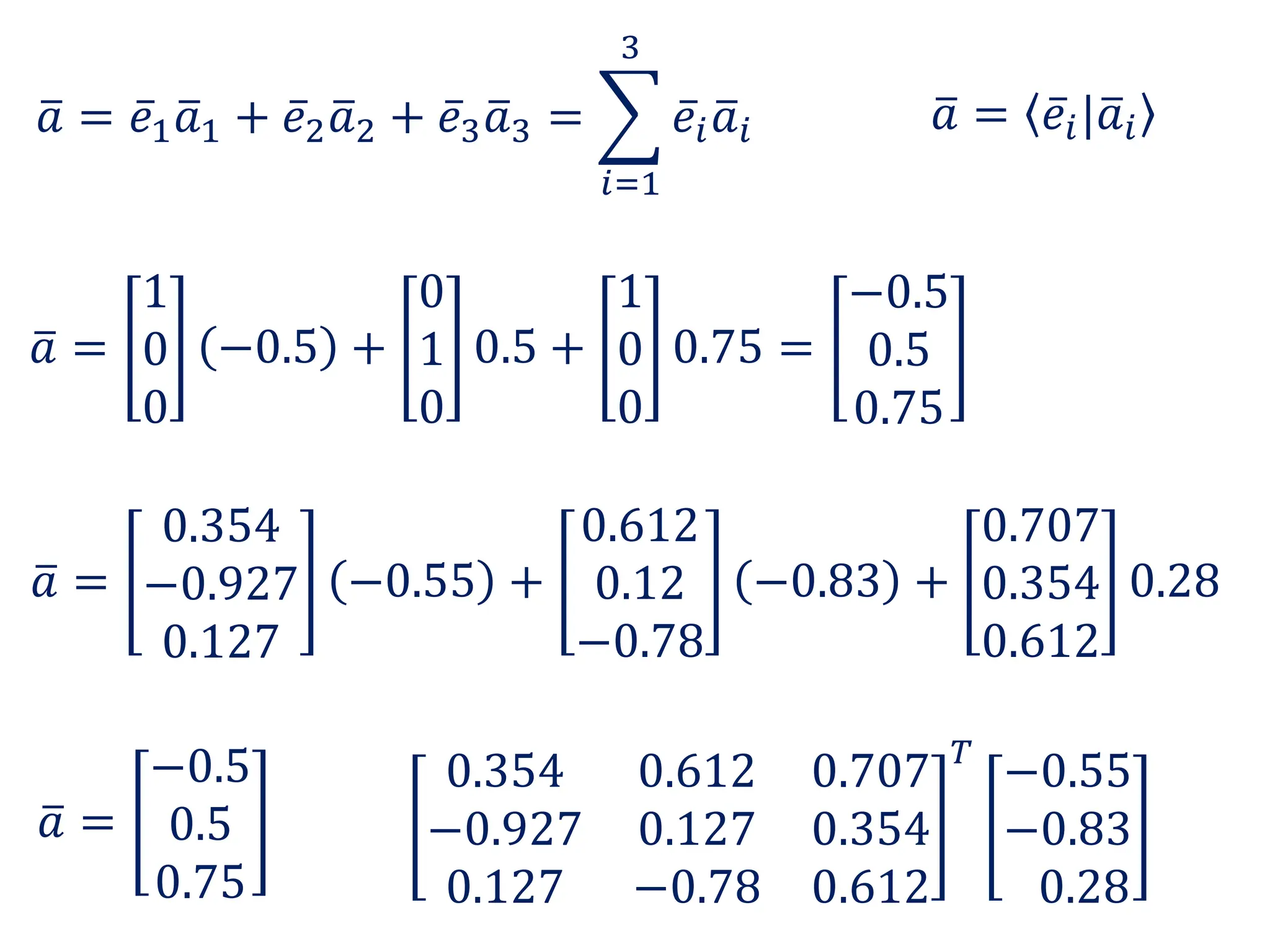 𝑎 = 𝑒1𝑎1 + 𝑒2𝑎2 + 𝑒3𝑎3 =
𝑖=1
3
𝑒𝑖𝑎𝑖
𝑎 =
1
0
0
−0.5 +
0
1
0
0.5 +
1
0
0
0.75 =
−0.5
0.5
0.75
𝑎 =
0.354
−0.927
0.127
−0.55 +
0.612
0.12
−0.78
−0.83 +
0.707
0.354
0.612
0.28
𝑎 =
−0.5
0.5
0.75
𝑎 = 𝑒𝑖|𝑎𝑖
0.354 0.612 0.707
−0.927 0.127 0.354
0.127 −0.78 0.612
𝑇
−0.55
−0.83
0.28
 
