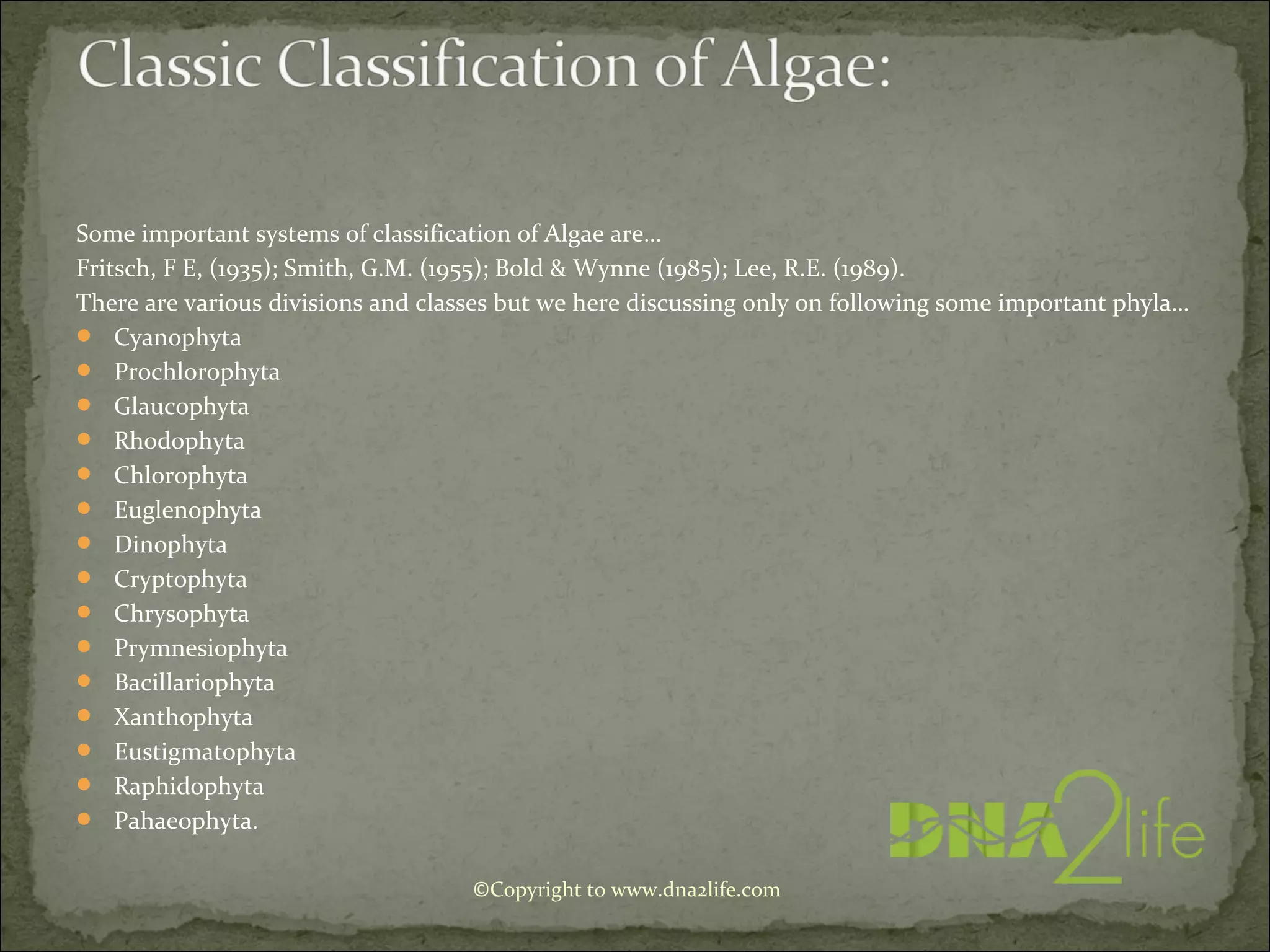 Some important systems of classification of Algae are…
Fritsch, F E, (1935); Smith, G.M. (1955); Bold & Wynne (1985); Lee, R.E. (1989).
There are various divisions and classes but we here discussing only on following some important phyla…
 Cyanophyta
 Prochlorophyta
 Glaucophyta
 Rhodophyta
 Chlorophyta
 Euglenophyta
 Dinophyta
 Cryptophyta
 Chrysophyta
 Prymnesiophyta
 Bacillariophyta
 Xanthophyta
 Eustigmatophyta
 Raphidophyta
 Pahaeophyta.
©Copyright to www.dna2life.com
 