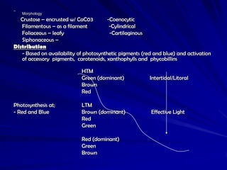 Forms:




         Morphology
  Crustose – encrusted w/ CaC03         -Coenocytic
   Filamentous – as a filament           -Cylindrical
   Foliaceous – leafy                    -Cartilaginous
   Siphonaceous –
Distribution
   - Based on availability of photosynthetic pigments (red and blue) and activation
   of accessory pigments, carotenoids, xanthophylls and phycobillins

                            HTM
                            Green (dominant)             Intertidal/Litoral
                            Brown
                            Red

Photosynthesis at;          LTM
- Red and Blue              Brown (dominant)             Effective Light
                            Red
                            Green

                            Red (dominant)
                            Green
                            Brown
 