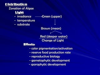 Distribution
  Zonation of Algae
      Light
     - irradiance       Green (upper)
     - temperature
     - substrate
                       Brown (mean)

                      Red (deeper water)
                       Change of Light
           Effects:
               - color pigmentation/activation
               - reserve food production rate
               - reproductive biology
               - gametophytic development
              - sporophytic development
 