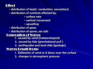 Effect
  - distribution of heat(- conduction, convection)
  - distribution of nutrients effected by:
               - surface rate
               - vertical movement
               - upwelling
  - distribution of gases
  - distribution of spores, sex cells
Generation of Waves
       1. caused by wind (meteorological)
       2. caused by tide (gravitational pull )
       3. earthquake and land slide (geologic)
Waves Result from:
       1. Deflection of wind as it blows over the surface
       2. changes in atmospheric pressure
 