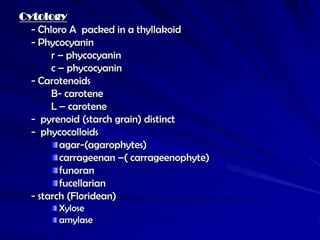 Cytology
  - Chloro A packed in a thyllakoid
  - Phycocyanin
       r – phycocyanin
       c – phycocyanin
  - Carotenoids
       B- carotene
       L – carotene
  - pyrenoid (starch grain) distinct
  - phycocolloids
         agar-(agarophytes)
         carrageenan –( carrageenophyte)
         funoran
         fucellarian
  - starch (Floridean)
        Xylose
        amylase
 