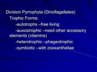 Division Pyrrophyta (Dinoflagellates)
  Trophic Forms:
     -autotrophs –free living
     -auxostrophic –need other accessory
  elements (vitamins)
     -heterotrophic –phageotrophic
     -symbiotic –with zooxanthellae
 