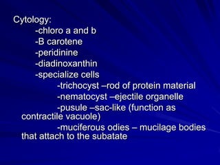 Cytology:
     -chloro a and b
     -B carotene
     -peridinine
     -diadinoxanthin
     -specialize cells
           -trichocyst –rod of protein material
           -nematocyst –ejectile organelle
           -pusule –sac-like (function as
 contractile vacuole)
           -muciferous odies – mucilage bodies
 that attach to the subatate
 