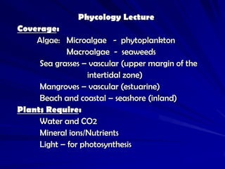 Phycology Lecture
Coverage:
    Algae: Microalgae - phytoplankton
             Macroalgae - seaweeds
     Sea grasses – vascular (upper margin of the
                   intertidal zone)
     Mangroves – vascular (estuarine)
     Beach and coastal – seashore (inland)
Plants Require:
     Water and CO2
     Mineral ions/Nutrients
     Light – for photosynthesis
 