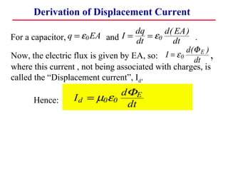 Derivation of Displacement Current
                                    dq      d( EA )
For a capacitor, q = ε0 EA and I = dt = ε0 dt        .
                                                  d(Φ E )
Now, the electric flux is given by EA, so: I = ε 0 dt ,
where this current , not being associated with charges, is
called the “Displacement current”, Id.
                              dΦ E
      Hence:      I d = µ0 ε0
                               dt
      and:       ∫ B • ds = µ0( I + Id )
                 ⇒ ∫ B • ds = µ0 I + µ0ε 0 dΦ E
                                            dt
 