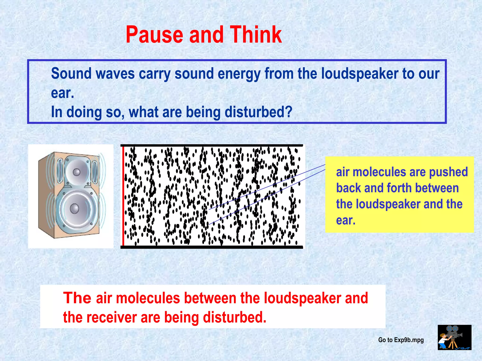 Sound waves carry sound energy from the loudspeaker to our ear. In doing so, what are being disturbed?  Pause and Think The  air molecules between the loudspeaker and the receiver are being disturbed. Go to Exp9b.mpg                                                                                         air molecules are pushed back and forth between the loudspeaker and the ear. 