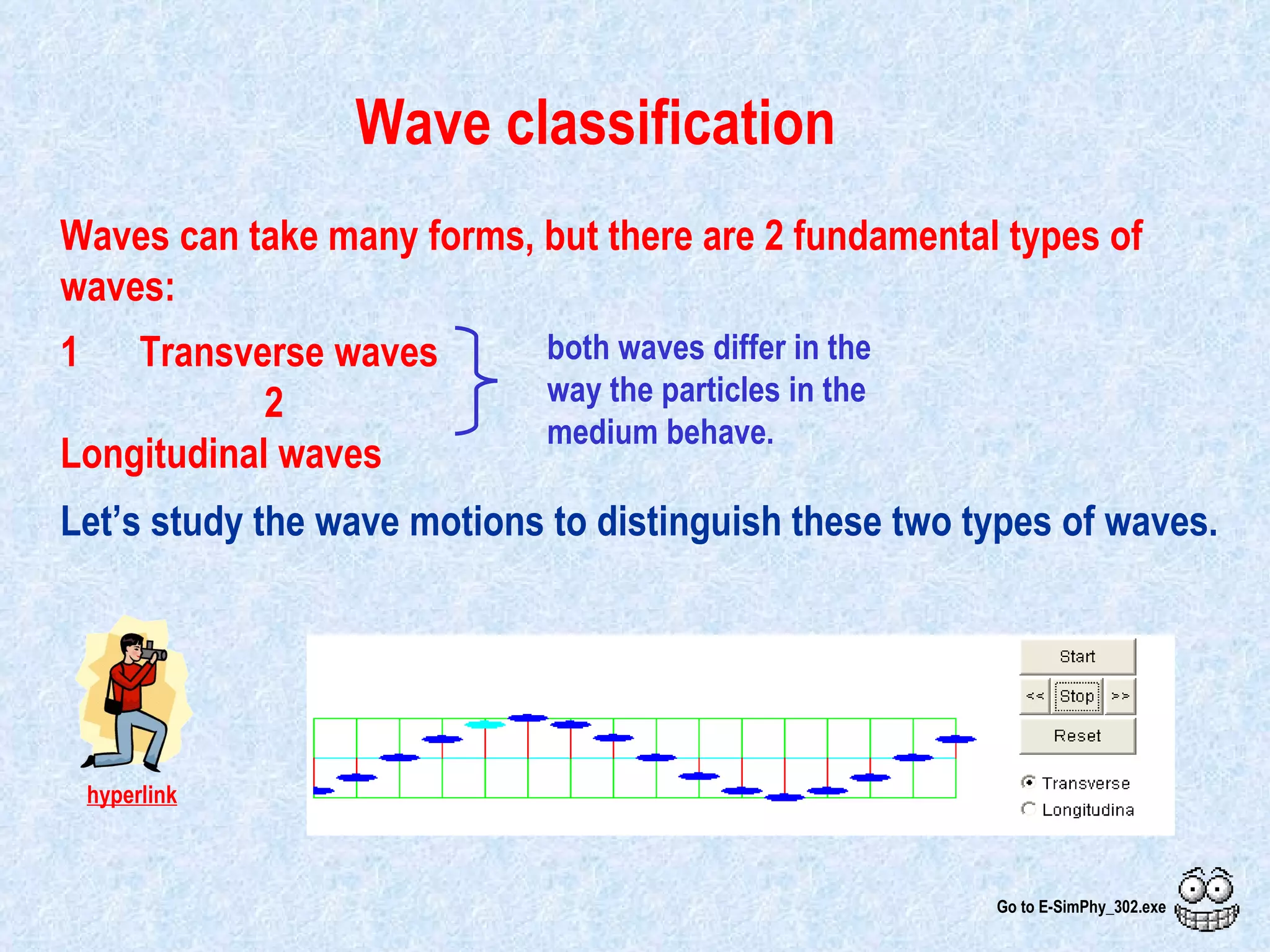 Waves can take many forms, but there are 2 fundamental types of waves:  Let’s study the wave motions to distinguish these two types of waves. Wave classification 1  Transverse waves    2  Longitudinal waves Go to E-SimPhy_302.exe                                                                                         both waves differ in the way the particles in the medium behave. hyperlink 