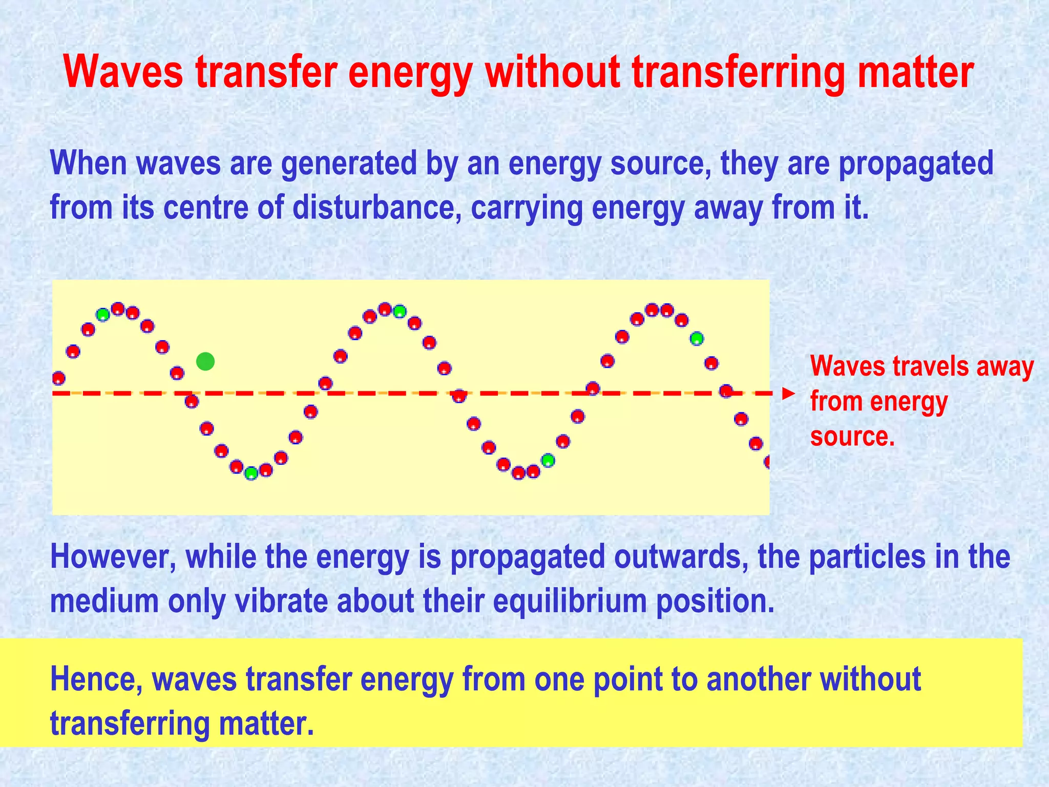 Waves transfer energy without transferring matter When waves are generated by an energy source, they are propagated from its centre of disturbance, carrying energy away from it.  Waves travels away from energy source. However, while the energy is propagated outwards, the particles in the medium only vibrate about their equilibrium position. Hence, waves transfer energy from one point to another without transferring matter.                                                                                          