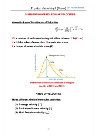 Physical chemistry I (Gases) Dr Fateh Eltaboni
12
DISTRIBUTION OF MOLECULAR VELOCITIES
Maxwell’s Law of Distribution of Velocities
dNc = number of molecules having velocities between C & (C + dc)
N = total number of molecules, M = molecular mass
T = temperature on absolute scale (K)
Distribution of molecular velocities in nitrogen
gas, N2, at 300 K and 600 K.
KINDS OF VELOCITIES
Three different kinds of molecular velocities:
(1) Average velocity ( )
(2) Root Mean Square velocity (μ)
(3) Most Probable velocity (vmp)
 