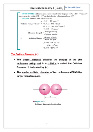 Physical chemistry I (Gases) Dr Fateh Eltaboni
23
The Collison Diameter (σ):
 The closest distance between the centres of the two
molecules taking part in a collision is called the Collision
Diameter. It is denoted by (σ).
 The smaller collision diameter of two molecules MEANS the
larger mean free path.
 