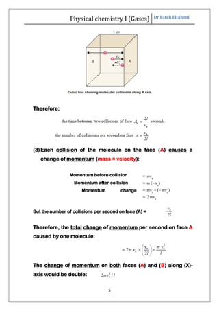 Physical chemistry I (Gases) Dr Fateh Eltaboni
5
Cubic box showing molecular collisions along X axis.
Therefore:
(3)Each collision of the molecule on the face (A) causes a
change of momentum (mass × velocity):
Momentum before collision
Momentum after collision
Momentum change
But the number of collisions per second on face (A) =
Therefore, the total change of momentum per second on face A
caused by one molecule:
The change of momentum on both faces (A) and (B) along (X)-
axis would be double:
 