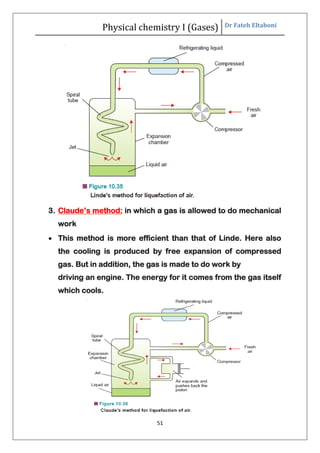 Physical chemistry I (Gases) Dr Fateh Eltaboni
51
3. Claude’s method: in which a gas is allowed to do mechanical
work
 This method is more efficient than that of Linde. Here also
the cooling is produced by free expansion of compressed
gas. But in addition, the gas is made to do work by
driving an engine. The energy for it comes from the gas itself
which cools.
 