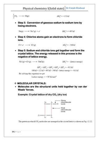 Physical chemistry I(Solid state) Dr Fatah Eltaboni
14 | P a g e
 Step 3: Conversion of gaseous sodium to sodium ions by
losing electrons.
 Step 4: Chlorine atoms gain an electrons to form chloride
ions.
 Step 5: Sodium and chloride ions get together and form the
crystal lattice. The energy released in this process is the
negative of lattice energy.
 MOLECULAR CRYSTALS:
 Molecules are the structural units held together by van der
Waals’ forces.
Example: Crystal lattice of dry CO2 (dry ice)
 