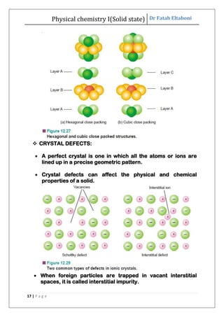 Physical chemistry I(Solid state) Dr Fatah Eltaboni
17 | P a g e
 CRYSTAL DEFECTS:
 A perfect crystal is one in which all the atoms or ions are
lined up in a precise geometric pattern.
 Crystal defects can affect the physical and chemical
properties of a solid.
 When foreign particles are trapped in vacant interstitial
spaces, it is called interstitial impurity.
 