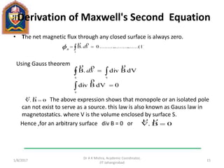 Derivation of Maxwell's Second Equation
• The net magnetic flux through any closed surface is always zero.
Using Gauss theorem
The above expression shows that monopole or an isolated pole
can not exist to serve as a source. this law is also known as Gauss law in
magnetostatics. where V is the volume enclosed by surface S.
Hence ,for an arbitrary surface div B = 0 or
1/11/2017
Dr A K Mishra, Academic Coordinator,
JIT Jahangirabad
15
.......(1)....................0.B
s
  sd
B


0dVBdiv
dVBdiv.B
v
vs






sd
0B. 

0B. 

 