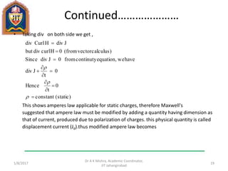 Continued…………………
• Taking div on both side we get ,
This shows amperes law applicable for static charges, therefore Maxwell's
suggested that ampere law must be modified by adding a quantity having dimension as
that of current, produced due to polarization of charges. this physical quantity is called
displacement current (Jd).thus modified ampere law becomes
1/11/2017
Dr A K Mishra, Academic Coordinator,
JIT Jahangirabad
19
(static)constant
0
t
Hence
0
t
Jdiv
haveweequation,continutyfrom0JdivSince
)calculusvector(from0Hcurldivbut
JdivHCurldiv














 