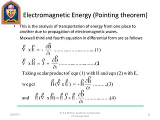 Electromagnetic Energy (Pointing theorem)
• This is the analysis of transportation of energy from one place to
another due to propagation of electromagnetic waves.
Maxwell third and fourth equation in differential form are as follows
1/11/2017
Dr A K Mishra, Academic Coordinator,
JIT Jahangirabad
21
(4)....................
t
D
.EJ.E)Hx(Eand
.(3)..........
B
H-)Ex(Hgetwe
E,with(2)eqnandHwith(1)eqnofproductscalarTaking
)........(2....................
t
D
JHx
...(1)..............................
B
-Ex




















t
t
 
