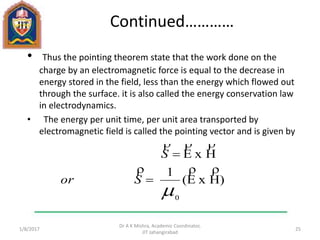Continued…………
• Thus the pointing theorem state that the work done on the
charge by an electromagnetic force is equal to the decrease in
energy stored in the field, less than the energy which flowed out
through the surface. it is also called the energy conservation law
in electrodynamics.
• The energy per unit time, per unit area transported by
electromagnetic field is called the pointing vector and is given by
1/11/2017
Dr A K Mishra, Academic Coordinator,
JIT Jahangirabad
25
)HxE(
1
HxE
0





Sor
S
 
