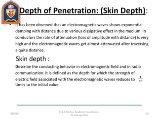 Depth of Penetration: (Skin Depth):
• It has been observed that an electromagnetic waves shows exponential
damping with distance due to various dissipative effect in the medium. In
conductors the rate of attenuation (loss of amplitude with distance) is very
high and the electromagnetic waves get almost attenuated after traversing
a quite distance.
Skin depth :
Describe the conducting behavior in electromagnetic field and in radio
communication. it is defined as the depth for which the strength of
electric field associated with the electromagnetic waves reduces to
times to the initial value.
1/11/2017
Dr A K Mishra, Academic Coordinator,
JIT Jahangirabad
30
e
1
 