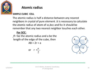 The atomic radius is half a distance between any nearest
neighbors in crystal of pure element .it is necessary to calculate
the atomic radius of atom of sc,bcc and fcc it should be
remember that any two nearest neighbor touches each other.
For SCC:
If r be the atomic radius and a be the
length of the edge of the cube, then
AB = 2r = a
or r =
1/23/2017
Dr A K Mishra, Academic Coordinator,
JIT Jahangirabad
16
a
a
A B
2
a
SIMPLE CUBIC CELL
Atomic radius
 
