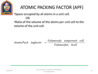 ATOMIC PACKING FACTOR (APF)
•Space occupied by all atoms in a unit cell.
OR
•Ratio of the volume of the atoms per unit cell to the
volume of the unit cell.
1/23/2017
Dr A K Mishra, Academic Coordinator,
JIT Jahangirabad
19
itcellVolumeofun
celltomperunitVolumesofa
ingfactorAtomicPack 
 