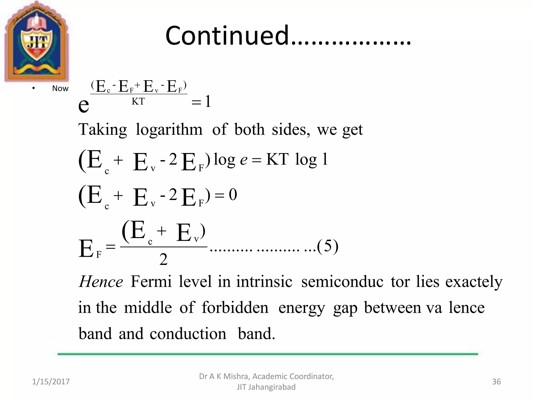 Continued………………
• Now
1/15/2017
Dr A K Mishra, Academic Coordinator,
JIT Jahangirabad
36
band.conductionandband
lencebetween vagapenergyforbiddenofmiddlein the
exactelyliestorsemiconducintrinsicinlevelFermi
)5...(....................
2
)
0)2-
llogKTlog)2-
getwesides,bothoflogarithmTaking
1
EEEE
E(E
E
EE(E
EE(E
e
vc
F
Fvc
Fvc
KT
)--( FvFc
Hence
e






 