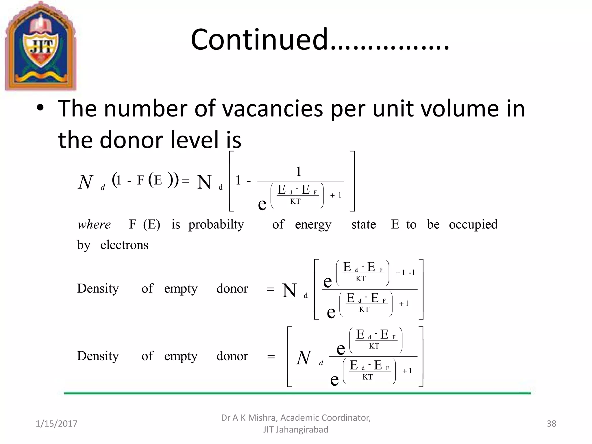 Continued…………….
• The number of vacancies per unit volume in
the donor level is
1/15/2017
Dr A K Mishra, Academic Coordinator,
JIT Jahangirabad
38
  













































































e
e
e
eN
e
N
1
KT
-
KT
-
1
KT
-
1-1
KT
-
d
1
KT
-d
EE
EE
donoremptyofDensity
EE
EE
donoremptyofDensity
electronsby
occupiedbetoEstateenergyofprobabiltyis(E)F
EE
1
-1EF-1
Fd
Fd
Fd
Fd
Fd
N
N
d
d
where
 