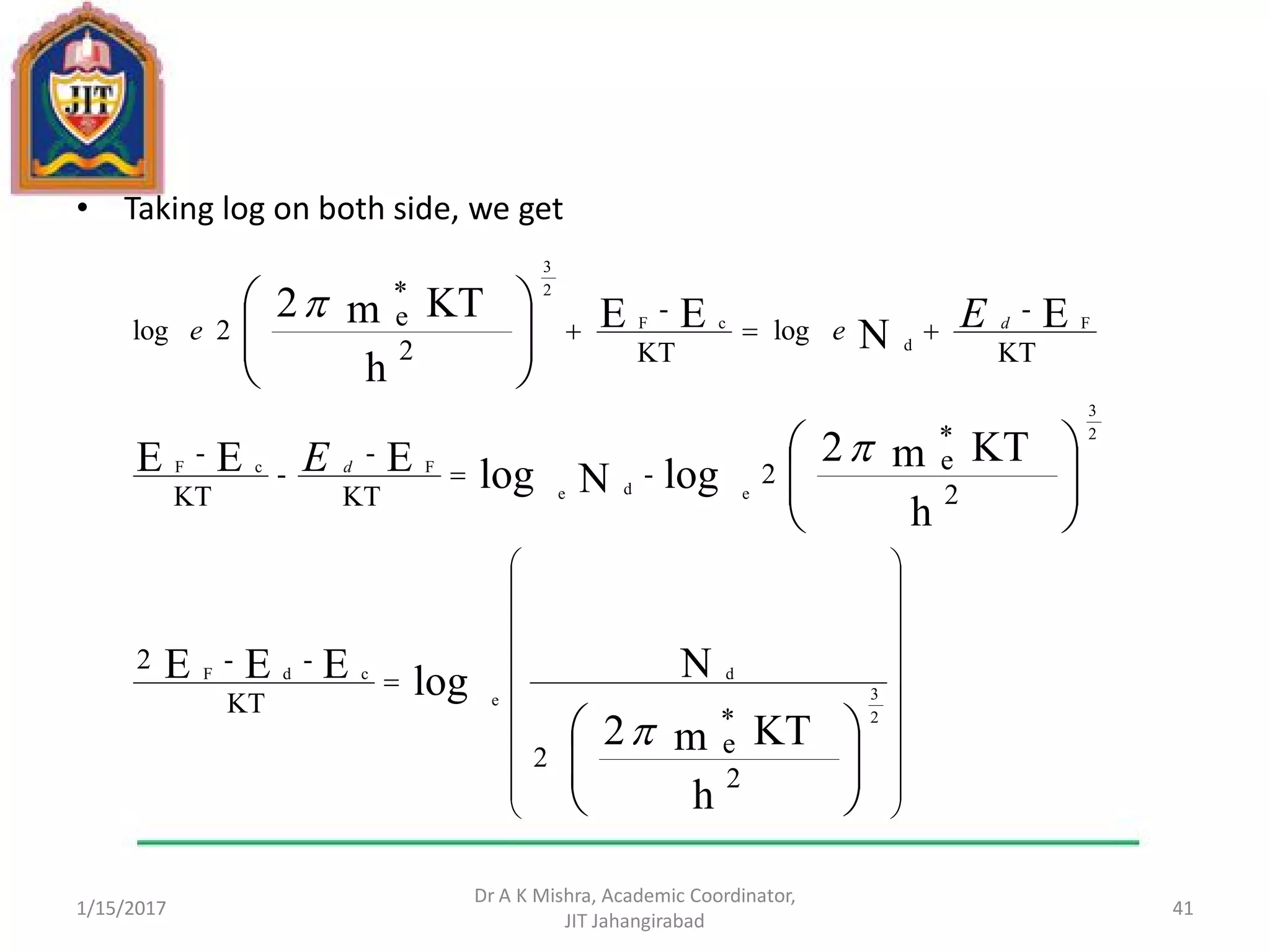 • Taking log on both side, we get
1/15/2017
Dr A K Mishra, Academic Coordinator,
JIT Jahangirabad
41









































h
KTm2
NlogEEE
h
KTm2
logNlogEEE
ENEE
h
KTm2
2
*
e2
KT
--2
2
*
e2-
KT
-
-
KT
-
KT
-
log
KT
-
2
*
e2log
2
3
d
e
cdF
2
3
ede
FcF
F
d
cF
2
3



E
E
d
d
ee
 