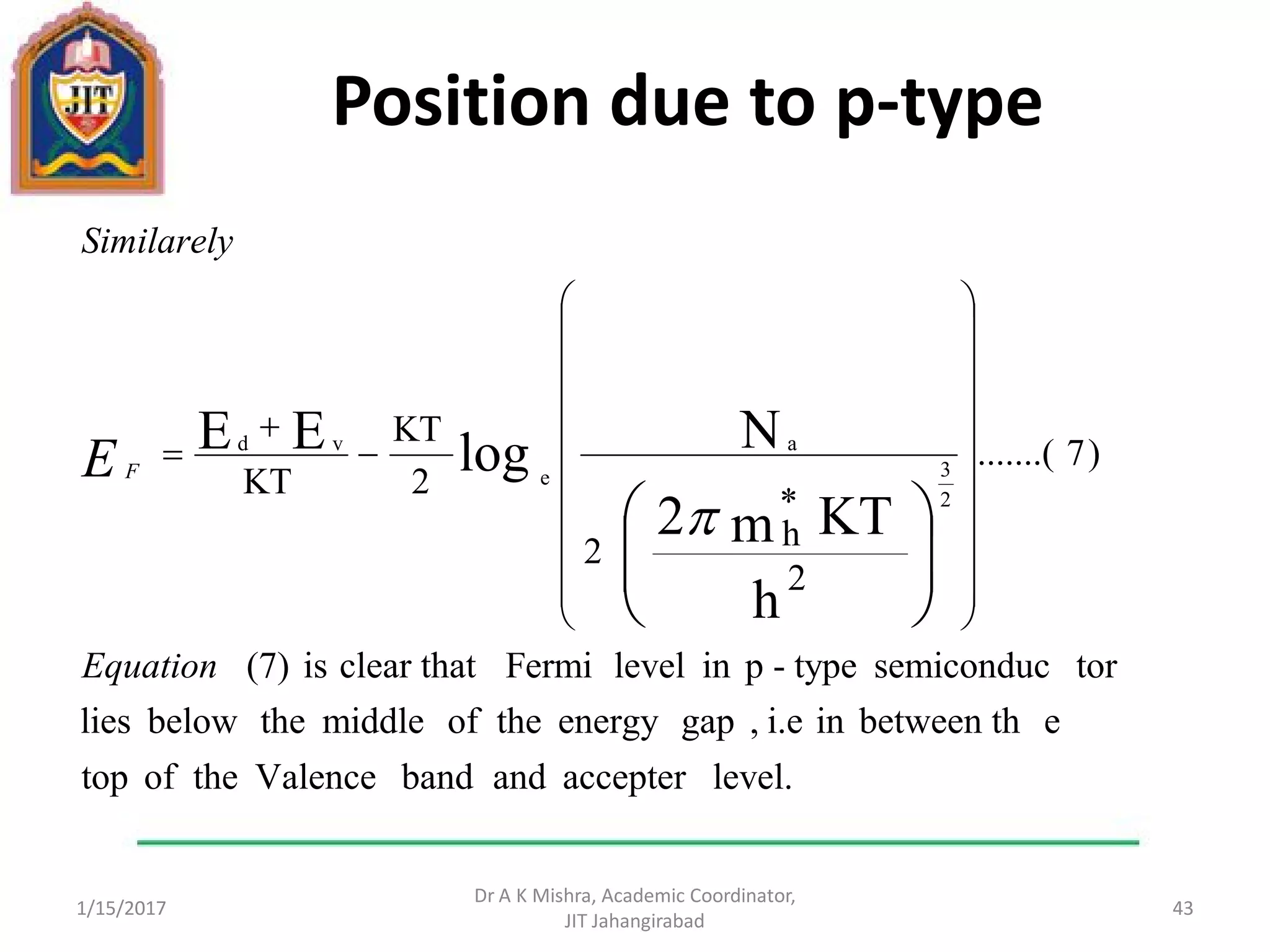 Position due to p-type
1/15/2017
Dr A K Mishra, Academic Coordinator,
JIT Jahangirabad
43
level.accepterandbandValencetheoftop
ebetween thini.e,gapenergytheofmiddlethebelowlies
torsemiconductype-pinlevelFermiclear thatis(7)
)7.......(
2
*
h2
2
KT
KT
h
KTm2
NlogEE
2
3
a
e
vd
Equation
Similarely
E F




























 
 