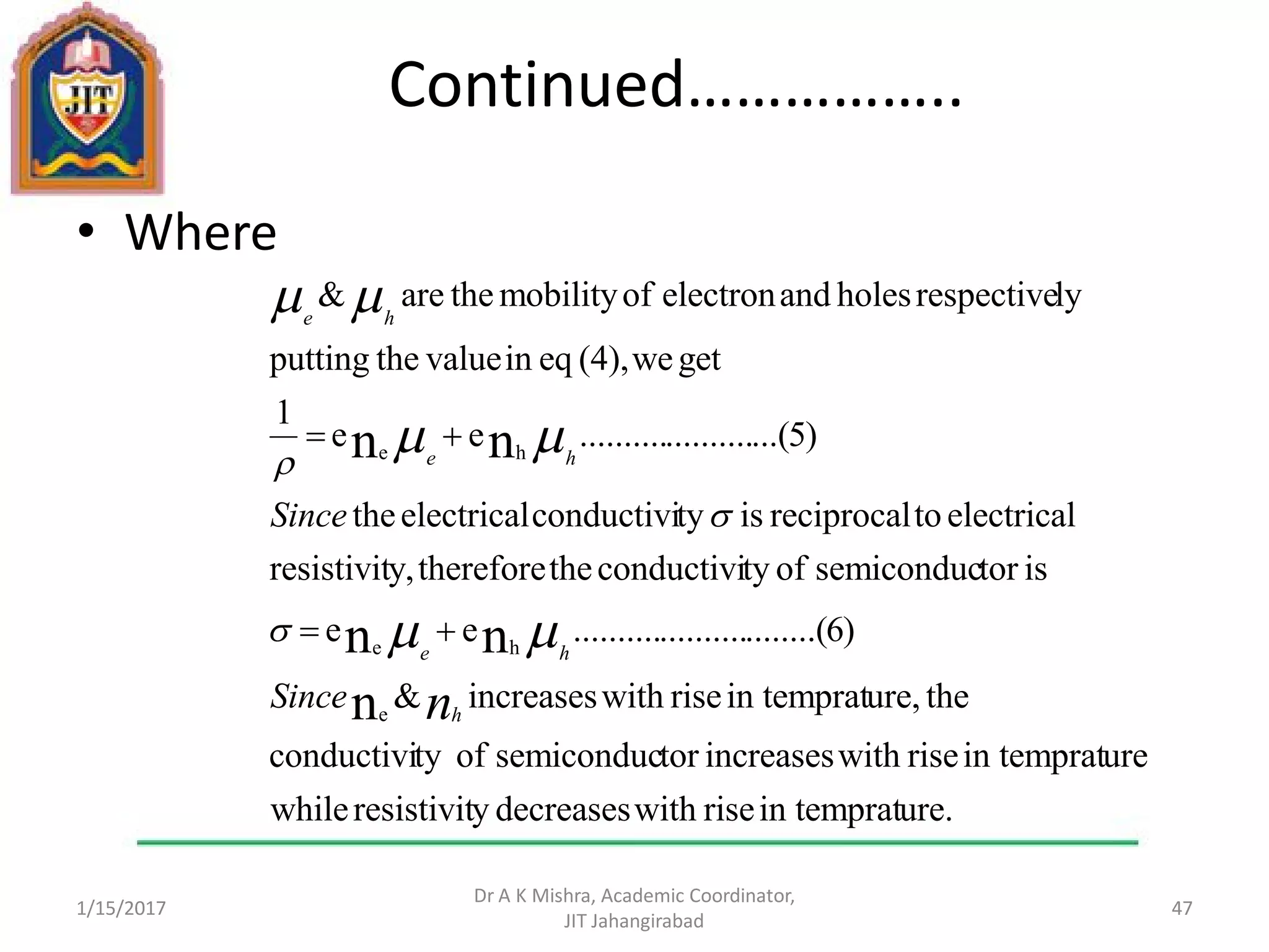 Continued……………..
• Where
1/15/2017
Dr A K Mishra, Academic Coordinator,
JIT Jahangirabad
47
ure.in tempratrisewithdecreasesyresistivitwhile
urein tempratrisewithincreasestorsemiconducoftyconductivi
theure,in tempratrisewithincreases&
)6........(....................ee
istorsemiconducoftyconductivithethereforey,resistivit
electricaltoreciprocalistyconductivielectricalthe
)5...(....................ee
1
getwe(4),eqinvaluetheputting
lyrespectiveholesandelectronofmobilitytheare&
n
nn
nn
e
he
he
nh
he
he
he
Since
Since








 