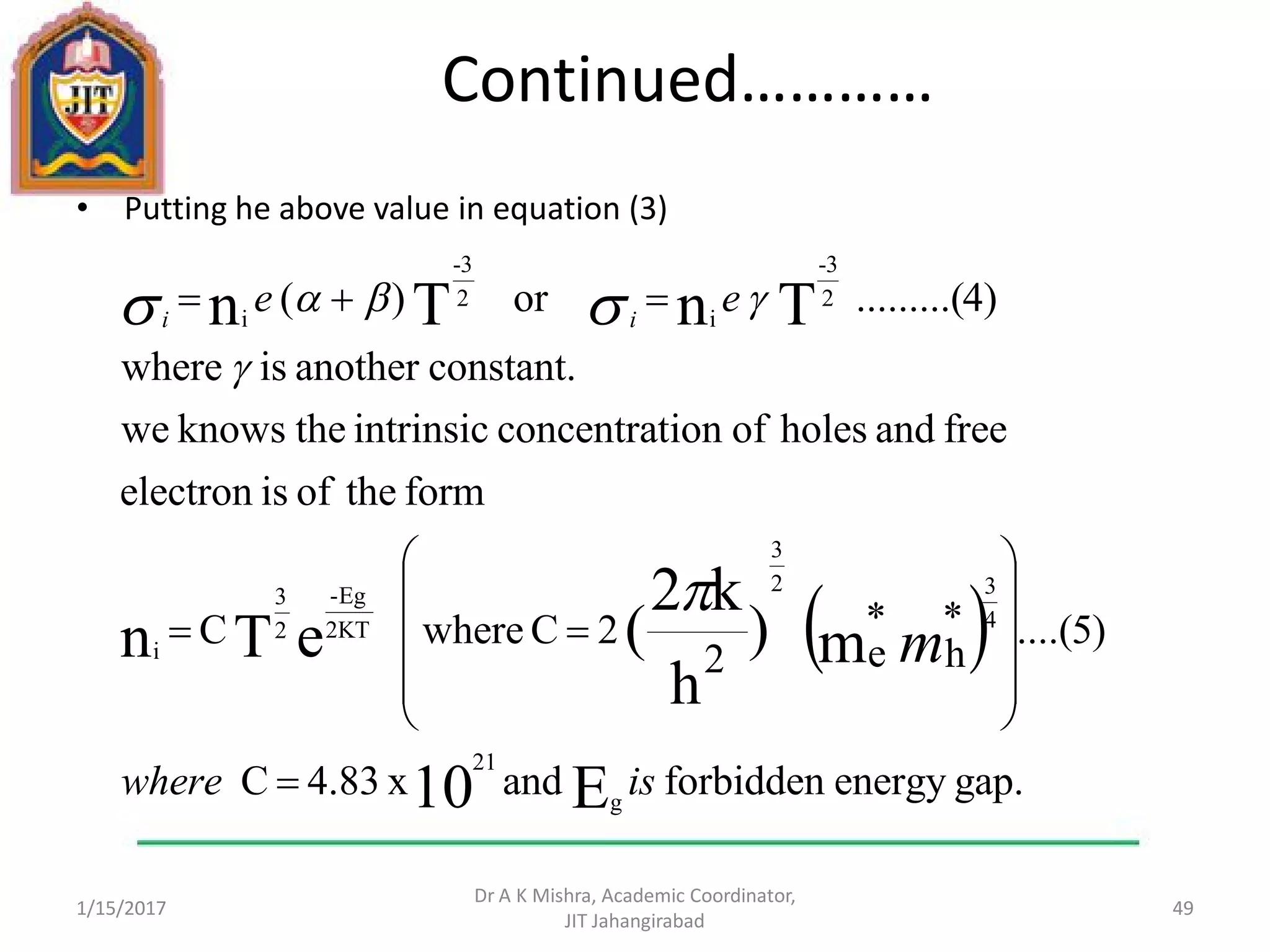 Continued…………
• Putting he above value in equation (3)
1/15/2017
Dr A K Mishra, Academic Coordinator,
JIT Jahangirabad
49
 
gap.energyforbiddenandx4.83C
)5....(*
h
*
e2
2CwhereC
formtheofiselectron
freeandholesofionconcentratintrinsictheknowswe
constant.anotheriswhere
4).........(or)(
E10
m)
h
k2
(eTn
TnTn
g
21
4
32
3
2KT
Eg-
2
3
i
2
-3
i
2
-3
i
iswhere
ee
m
ii

















 