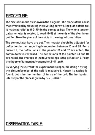 lOMoAR cPSD|24851617
10
PROCEDURE:
The circuit is made as shown in the diagram. The plane of the coil is
madeverticalbyadjustingthelevellingscrews.Theplaneofthecoil
is made parallel to (90-90) in the compass box. The whole tangent
galvanometer is rotated to read (0-0) at the ends of the aluminium
pointer. Now the plane of the coil is in the magnetic meridian.
The commutator keys are put. The rheostat should be adjusted for
deflection in the tangent galvanometer between 10 and 60. For a
current I, the deflections of the pointer θ1 and θ2 are noted. The
commutator is reversed. The deflections of the pointer θ3 and θ4
are noted. The average of the four readings is the deflection θ. From
the theory of tangent galvanometer, I = K tan θ.
By varying the current the experiment is repeated. Using a string
the circumference of the coil is measured. Hence its radius is
found. Let n be the number of turns of the coil. The horizontal
intensity at the place is given by Bh = µonK/2r.
OBSERVATION TABLE:
 