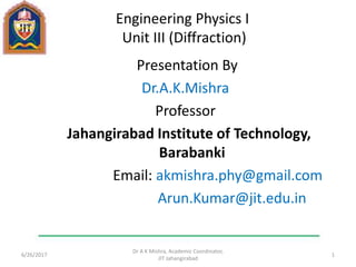 Engineering Physics I
Unit III (Diffraction)
Presentation By
Dr.A.K.Mishra
Professor
Jahangirabad Institute of Technology,
Barabanki
Email: akmishra.phy@gmail.com
Arun.Kumar@jit.edu.in
6/26/2017
Dr A K Mishra, Academic Coordinator,
JIT Jahangirabad
1
 