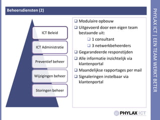 Beheersdiensten (2)Modulaire opbouwUitgevoerd door eeneigen team bestaandeuit:1 consultant3 netwerkbeheerdersGegarandeerderesponstijdenAlle informatie inzichtelijk via klantenportalMaandelijkse rapportages per mailSignaleringen instelbaar via klantenportal