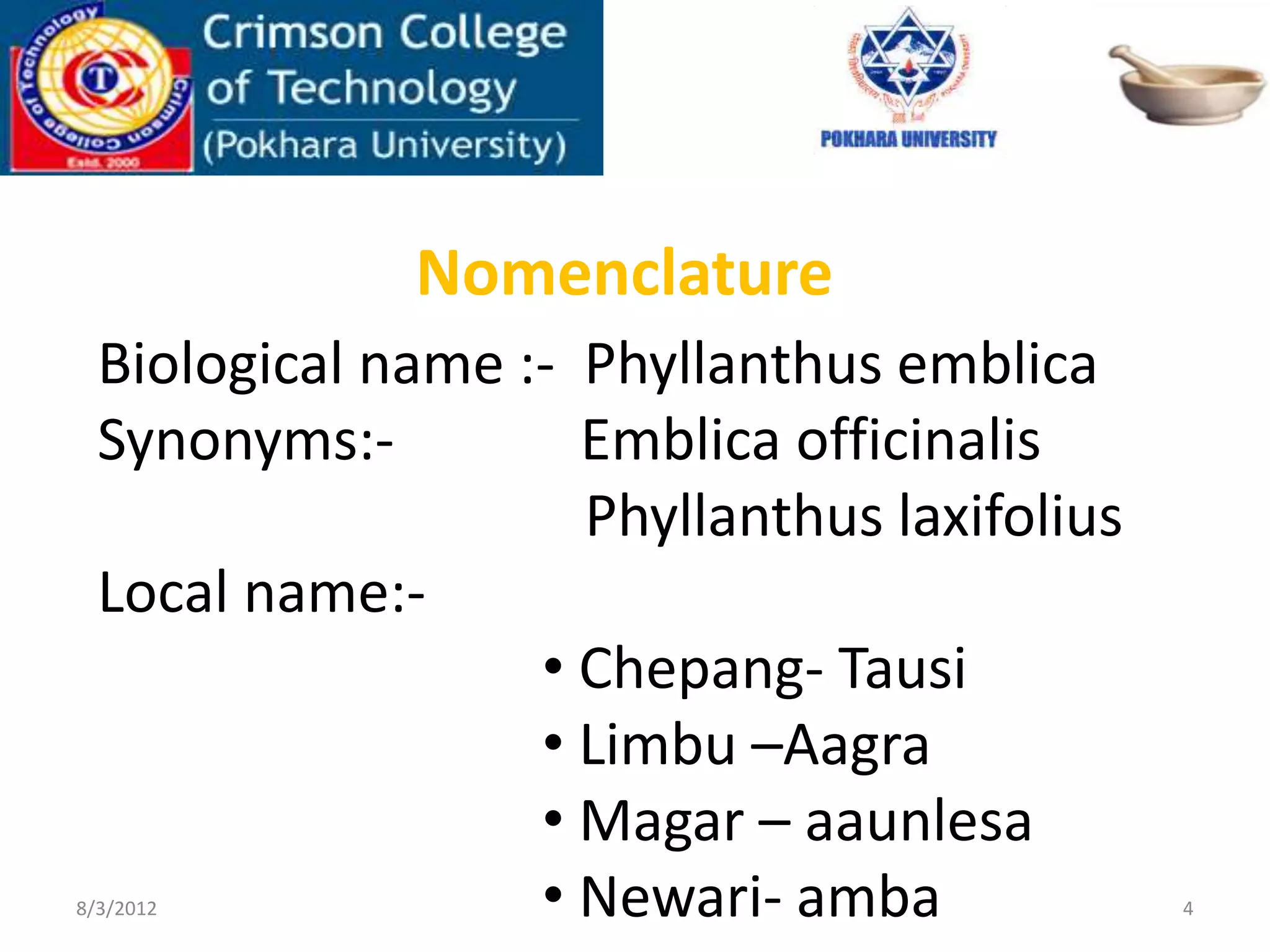 Nomenclature
Biological name :- Phyllanthus emblica
Synonyms:- Emblica officinalis
Phyllanthus laxifolius
Local name:-
• Chepang- Tausi
• Limbu –Aagra
• Magar – aaunlesa
• Newari- amba8/3/2012 4
 