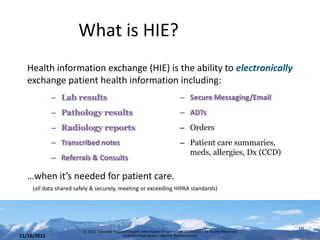 What is HIE?
   Health information exchange (HIE) is the ability to electronically
   exchange patient health information including:
             – Lab results                                                    – Secure Messaging/Email
             – Pathology results                                              – ADTs
             – Radiology reports                                              – Orders
             – Transcribed notes                                              – Patient care summaries,
                                                                                meds, allergies, Dx (CCD)
             – Referrals & Consults

   …when it’s needed for patient care.
     (all data shared safely & securely, meeting or exceeding HIPAA standards)




                        © 2011 Colorado Regional Health Information Organization (CORHIO) - All Rights Reserved
                                                                                                                  10
11/16/2011                                   CORHIO Proprietary - Not For Redistribution
 