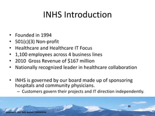 INHS Introduction

   •     Founded in 1994
   •     501(c)(3) Non-profit
   •     Healthcare and Healthcare IT Focus
   •     1,100 employees across 4 business lines
   •     2010 Gross Revenue of $167 million
   •     Nationally recognized leader in healthcare collaboration

   • INHS is governed by our board made up of sponsoring
     hospitals and community physicians.
           – Customers govern their projects and IT direction independently.


                                                                   20

November 4, 2011 INHS Business CONFIDENTIAL
 