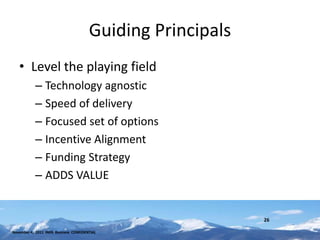 Guiding Principals
   • Level the playing field
           – Technology agnostic
           – Speed of delivery
           – Focused set of options
           – Incentive Alignment
           – Funding Strategy
           – ADDS VALUE


                                                            26

November 4, 2011 INHS Business CONFIDENTIAL
 