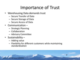 Importance of Trust
   • Warehousing Data demands trust
           – Secure Transfer of Data
           – Secure Storage of Data
           – Secure Access of Data
   • Communication –
           – Strategic Planning
           – Collaboration
           – Advisory Committee
   • Sustainability –
           – Adding value
           – Flexibility for different customers while maintaining
             standardization


                                                                     27

November 4, 2011 INHS Business CONFIDENTIAL
 