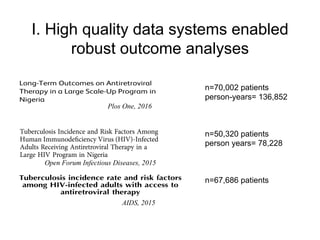 I. High quality data systems enabled
robust outcome analyses
RESEARCH ARTICLE
Long-Term Outcomes on Antiretroviral
Therapy...
