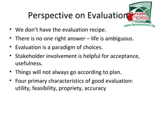 Perspective on Evaluation ,[object Object],[object Object],[object Object],[object Object],[object Object],[object Object]