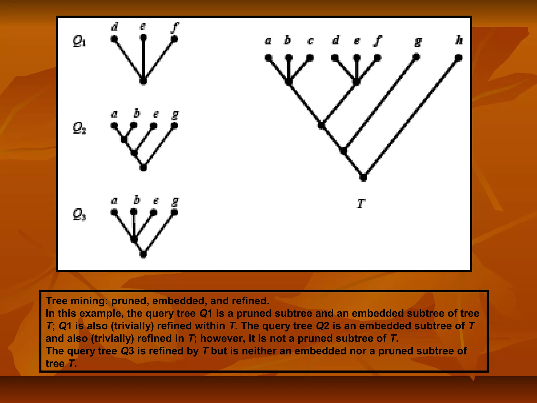 Tree mining: pruned, embedded, and refined.
In this example, the query tree Q1 is a pruned subtree and an embedded subtree of tree
T; Q1 is also (trivially) refined within T. The query tree Q2 is an embedded subtree of T
and also (trivially) refined in T; however, it is not a pruned subtree of T.
The query tree Q3 is refined by T but is neither an embedded nor a pruned subtree of
tree T.
 