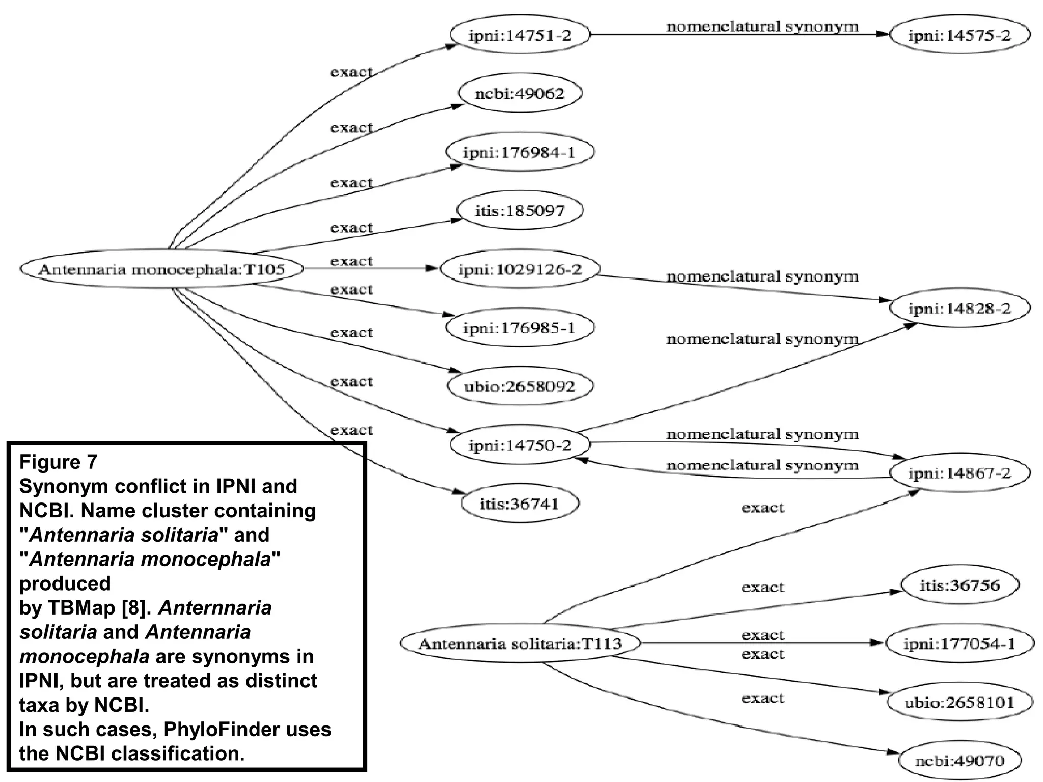 Figure 7
Synonym conflict in IPNI and
NCBI. Name cluster containing
"Antennaria solitaria" and
"Antennaria monocephala"
produced
by TBMap [8]. Anternnaria
solitaria and Antennaria
monocephala are synonyms in
IPNI, but are treated as distinct
taxa by NCBI.
In such cases, PhyloFinder uses
the NCBI classification.
 