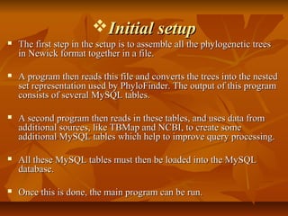 Initial setupInitial setup
 The first step in the setup is to assemble all the phylogenetic treesThe first step in the setup is to assemble all the phylogenetic trees
in Newick format together in a file.in Newick format together in a file.
 A program then reads this file and converts the trees into the nestedA program then reads this file and converts the trees into the nested
set representation used by PhyloFinder. The output of this programset representation used by PhyloFinder. The output of this program
consists of several MySQL tables.consists of several MySQL tables.
 A second program then reads in these tables, and uses data fromA second program then reads in these tables, and uses data from
additional sources, like TBMap and NCBI, to create someadditional sources, like TBMap and NCBI, to create some
additional MySQL tables which help to improve query processing.additional MySQL tables which help to improve query processing.
 All these MySQL tables must then be loaded into the MySQLAll these MySQL tables must then be loaded into the MySQL
database.database.
 Once this is done, the main program can be run.Once this is done, the main program can be run.
 