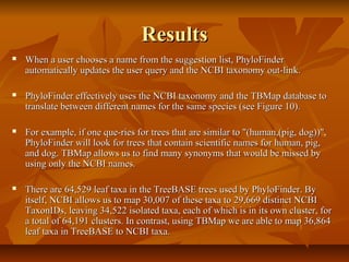 ResultsResults
 When a user chooses a name from the suggestion list, PhyloFinderWhen a user chooses a name from the suggestion list, PhyloFinder
automatically updates the user query and the NCBI taxonomy out-link.automatically updates the user query and the NCBI taxonomy out-link.
 PhyloFinder effectively uses the NCBI taxonomy and the TBMap database toPhyloFinder effectively uses the NCBI taxonomy and the TBMap database to
translate between different names for the same species (see Figure 10).translate between different names for the same species (see Figure 10).
 For example, if one que-ries for trees that are similar to "(human,(pig, dog))",For example, if one que-ries for trees that are similar to "(human,(pig, dog))",
PhyloFinder will look for trees that contain scientific names for human, pig,PhyloFinder will look for trees that contain scientific names for human, pig,
and dog. TBMap allows us to find many synonyms that would be missed byand dog. TBMap allows us to find many synonyms that would be missed by
using only the NCBI names.using only the NCBI names.
 There are 64,529 leaf taxa in the TreeBASE trees used by PhyloFinder. ByThere are 64,529 leaf taxa in the TreeBASE trees used by PhyloFinder. By
itself, NCBI allows us to map 30,007 of these taxa to 29,669 distinct NCBIitself, NCBI allows us to map 30,007 of these taxa to 29,669 distinct NCBI
TaxonIDs, leaving 34,522 isolated taxa, each of which is in its own cluster, forTaxonIDs, leaving 34,522 isolated taxa, each of which is in its own cluster, for
a total of 64,191 clusters. In contrast, using TBMap we are able to map 36,864a total of 64,191 clusters. In contrast, using TBMap we are able to map 36,864
leaf taxa in TreeBASE to NCBI taxa.leaf taxa in TreeBASE to NCBI taxa.
 