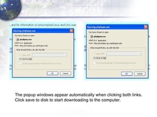 The popup windows appear automatically when clicking both links. Click save to disk to start downloading to the computer. 